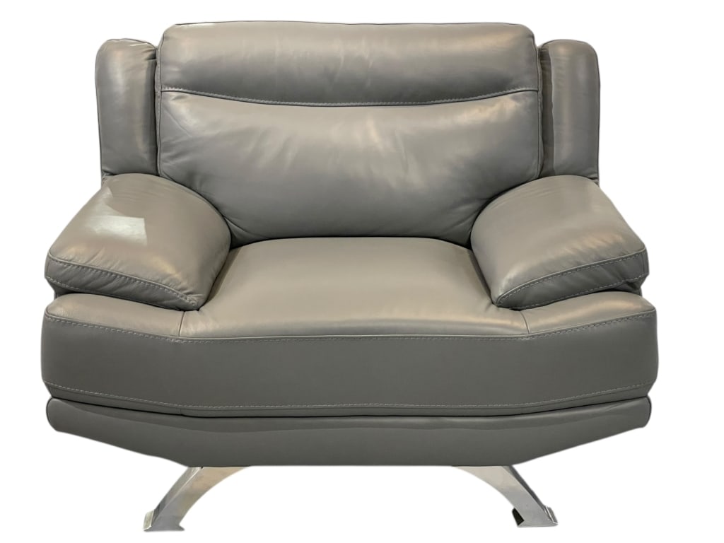 SOFIA VERGARA MODERN GRAY LEATHER LOVESEAT 45": ****for competitive shipping options please go to www.dejavuauctionshipping.com METAL BASE 33" X 45" X 36" APPROX -Matching gray leather loveseat featuring plush cushioning, wide arms, and a streamlin