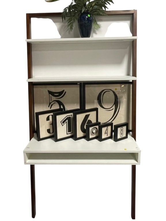 MODERN WOOD AND LACQUER WALL DESK WITH SHELVING (1 of 9)