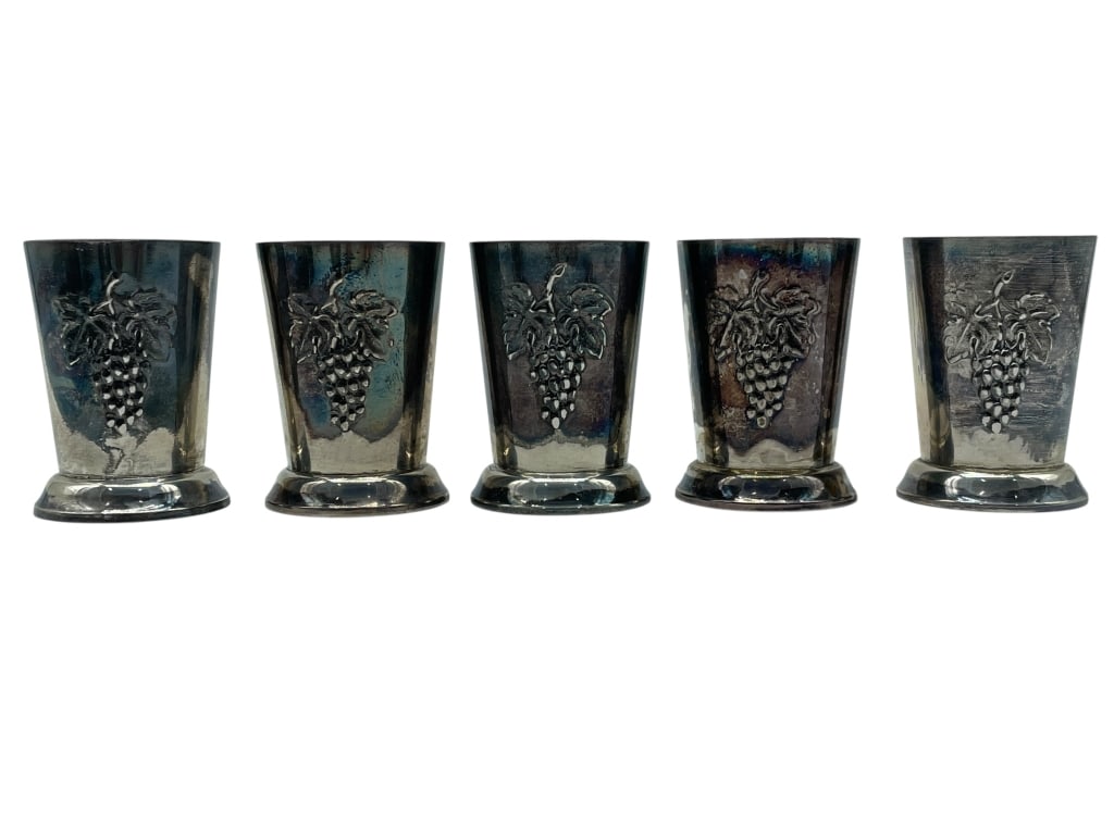 STERLING SILVER WELSCH PERU GRAPE MOTIF CUPS 310G: *for competitive shipping options please go to www.dejavuauctionshipping.com -SET OF FIVE 925 STERLING SILVER WELSCH PERU GRAPE MOTIF CUPS 310 GRAMS -Set of five sterling silver cups marked “925 Wel