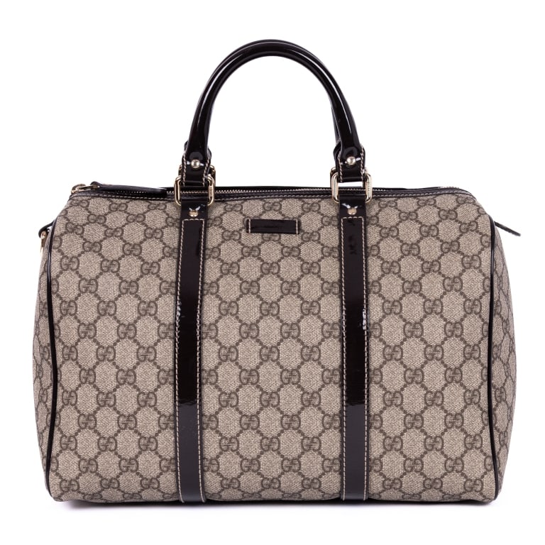 GUCCI BOSTON MEDIUM BEIGE/BURGUNDY HANDBAG: *For ALTERNATIVE SHIPPING QUOTES, please visit www.dejavuauctionshipping.com* Gucci Boston Medium Beige/Burgundy Supreme Coated Canvas Gold * COLOR: Beige/Burgundy * PRODUCTION CODE: 193603-527066