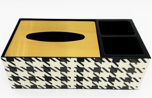 HOUNDSTOOTH ORGANIZER W BRASS TISSUE HOLER: *for competitive shipping options please go to www.dejavuauctionshipping.com--NEW!! HOUNDSTOOTH DESK ORGANIZER WITH BRASS TONE TISSUE HOLDER 3" X 10" X 5" APPROX-Bold and sophisticated rectangular