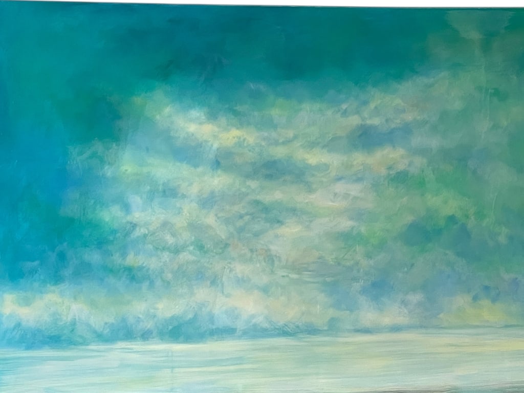 LARGE CONTEMPORARY ABSTRACT CANVAS PAINTING 72": ****for competitive shipping options please go to www.dejavuauctionshipping.comLARGE CONTEMPORARY ABSTRACT CANVAS PAINTING IN BLUE AND GREEN TONES, 48" X 72" APPROX-Oversized contemporary abstract