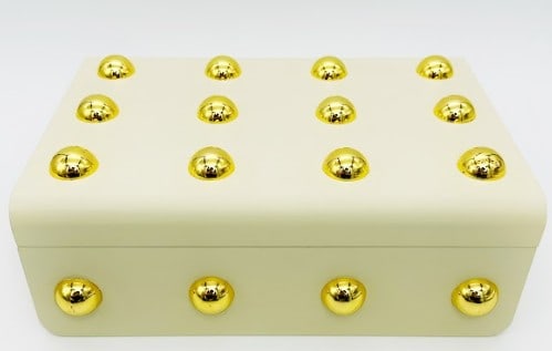 CREAM LACQUER BOX W GOLD STUD ACCENT 9.5": *for competitive shipping options please go to www.dejavuauctionshipping.com --NEW!! CREAM LACQUER DECORATIVE BOX WITH GOLD STUD ACCENTS 3" X 9.5" X 6" APPROX -Elegant rectangular decorative box finis