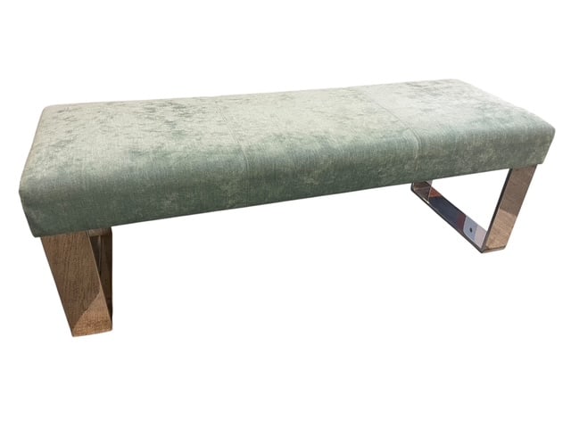 MID MOD MINT VELVET CHROME SQUARE LEGS BENCH 1OF2: *For ALTERNATIVE SHIPPING QUOTES or local PICKUP details, please visit www.dejavuauctionshipping.com* - Stunning mid mod in a lovely sage toned mint green color - Velvet upholstery on the top - Gorgeo