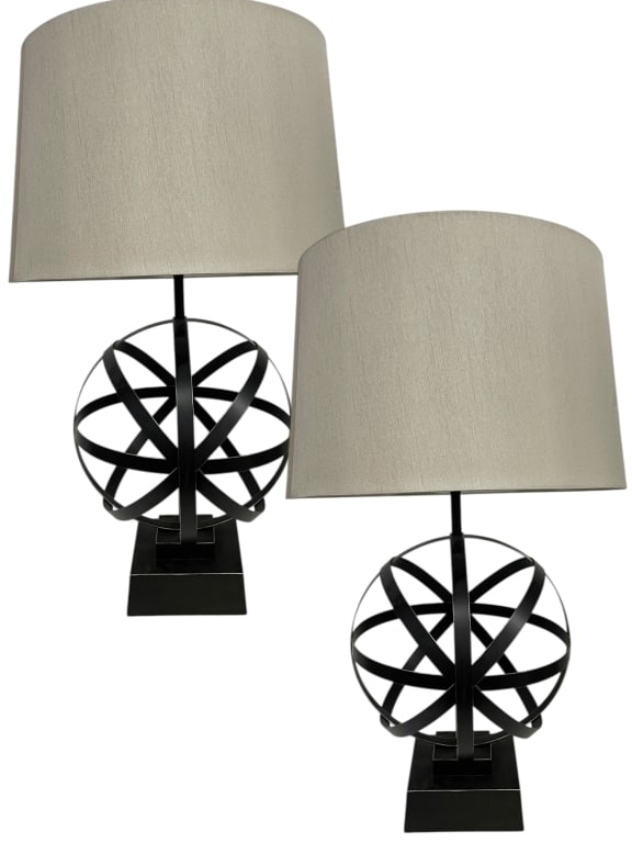 CONTEMPORARY BLACK METAL SPHERE TABLE LAMPS: ****for competitive shipping options please go to www.dejavuauctionshipping.com -PAIR OF CONTEMPORARY BLACK METAL SPHERE TABLE LAMPS WITH SHADES -Stylish pair of modern table lamps with open spherical