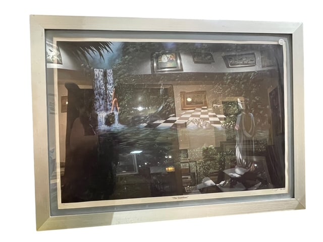CANVAS PRINT LTD ED TIM SHORTEN "THE GUARDIAN" ART: - Canvas print - Surrealistic Chess Scene with Nude Bather - Tim Shorten artist - Measures 24" x 32" in size with frame - good condition with some wear to the steel framing msn By bidding on this list