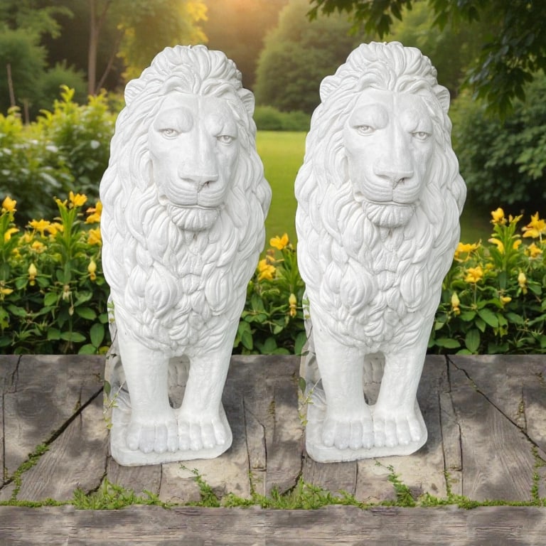 PAIR OF GRAND STONE LION GARDEN STATUES 50": **PICK UP BY CONFIRMED APPOINTMENT ONLY IN JUPITER -PAIR OF GRAND STONE LION GARDEN STATUES -50" x 22" x 22" -Offered as a matched pairThis impressive matched pair of stone or cast concrete lion statu