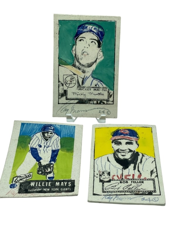 3 RAY GROSS CERAMIC BASEBALL CARDS: *for competitive shipping options please go to www.dejavuauctionshipping.com -SET OF 3 RAY GROSS SIGNED & NUMBERED CERAMIC BASEBALL CARD ART TILES – ONE LOT -Distinctive three-piece lot of ceramic b