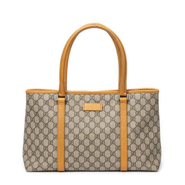 GUCCI BEIGE/ORANGE MEDIUM JOY TOTE: *For ALTERNATIVE SHIPPING QUOTES or local pick up details, please visit www.dejavuauctionshipping.com* Gucci Medium Joy Tote Beige/Orange Supreme Coated Canvas Silver * COLOR: Beige/Orange * PRODUCTIO