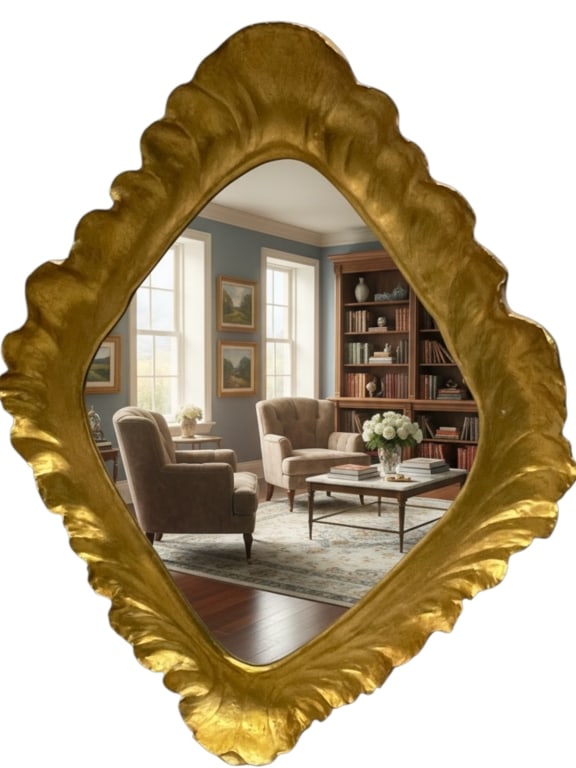CAROL CONNER MIRROR 51" X 40" X 5" APPROX: CAROL CONNER GILT SCULPTURAL WALL MIRROR 51" X 40" X 5" APPROXDramatic sculptural wall mirror by Carol Conner featuring a richly textured hand-formed frame with flowing organic contours and a luminous