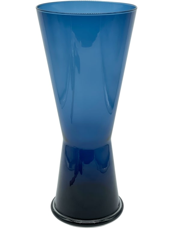 ORREFORS SAPPHIRE WAISTED FORM GLASS VASE 16": ****for competitive shipping options please go to www.dejavuauctionshipping.com -ORREFORS ERIKA LAGERBIELKE BRIGHT SAPPHIRE BLUE WAISTED FORM GLASS VASE -Elegant Scandinavian modern glass vase attribu