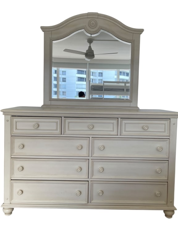 FRENCH COUNTRY IVORY DRESSER WITH MIRROR: ****for competitive shipping options please go to www.dejavuauctionshipping.com -OFF-WHITE IVORY DRESSER WITH MIRROR -This off-white ivory dresser features a wide, well-balanced silhouette with panele