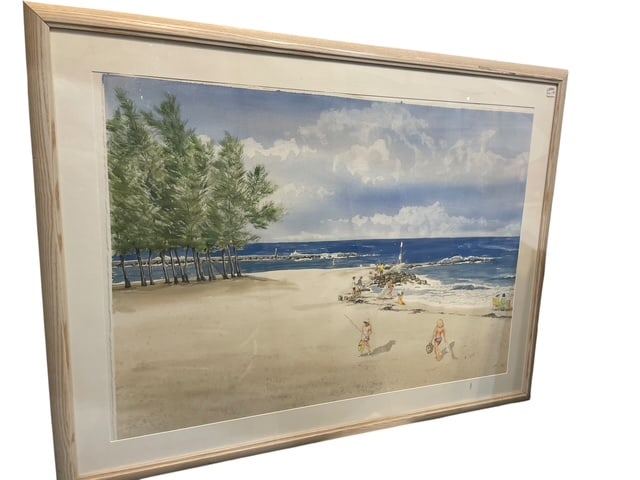 H SCHICK BEACH LANDSCAPE ORIGINAL WATERCOLOR SIGND: *For ALTERNATIVE SHIPPING QUOTES or local PICKUP details, please visit www.dejavuauctionshipping.com* - Beautiful coastal beach scene with serene beach lovers on the sand - Tree cornered bold blue bea