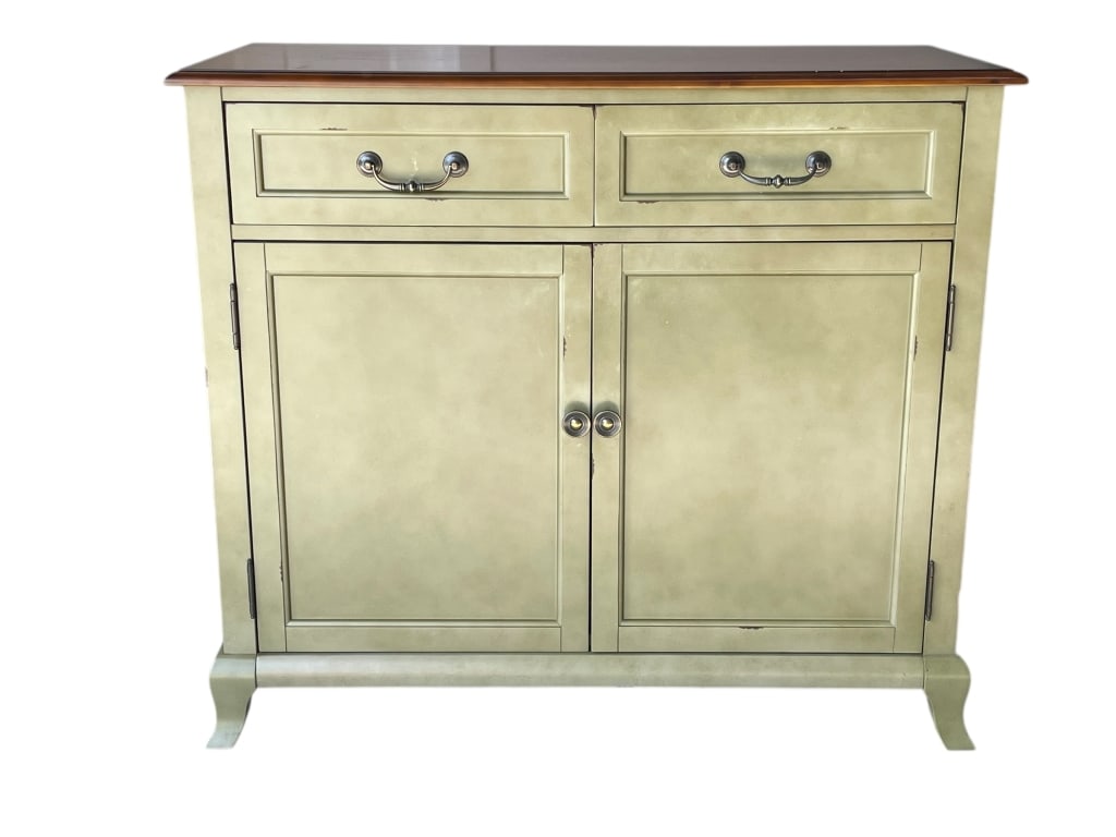 PIER 1 MARCHELLA SAGE BUFFET / SERVER CABINET: PIER 1 MARCHELLA COLLECTION SAGE BUFFET / SERVER CABINET -Elegant Pier 1 Marchella Collection buffet table finished in a soft, hand-applied sage green with subtle antiqued distressing and a contrastin