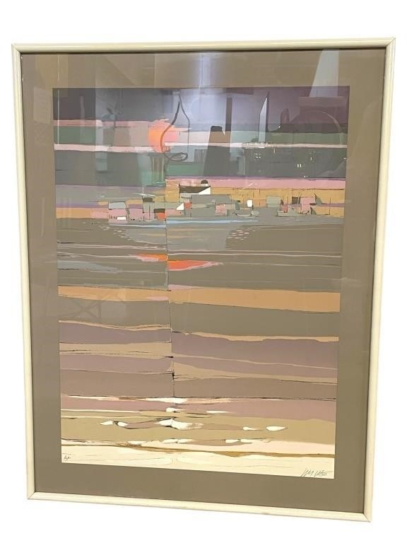 MODERN ART FRAMED WATER/SUNSET PRINT ARTIST SIGNED (1 of 4)