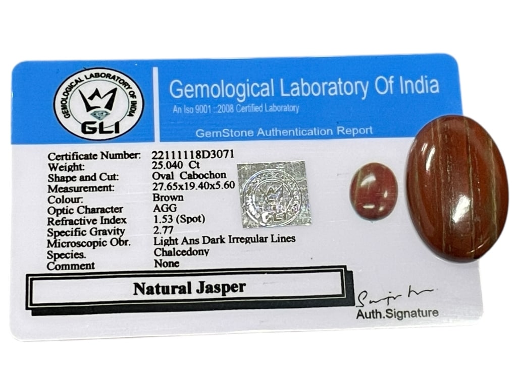 NATURAL JASPER CABOCHON OVAL CUT 25.04 CARATS: NATURAL JASPER CABOCHON, OVAL CUT, 25.04 CARATS, GLI CERTIFIED -This natural jasper gemstone is cut in a smooth oval cabochon and weighs approximately 25.04 carats, measuring about 27.65 x 19.40 x 5.6