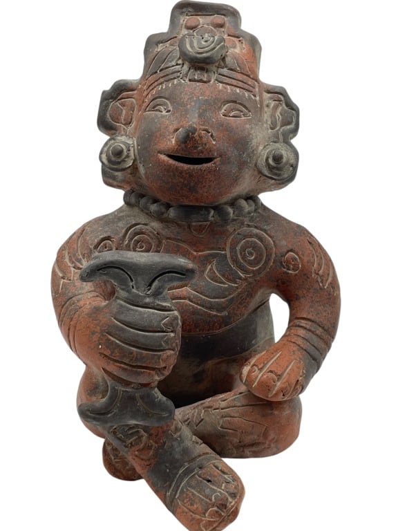 PRE-COLUMBIAN STYLE FIGURAL POTTERY SCULPTURE 9": *for competitive shipping options please go to www.dejavuauctionshipping.com -PRE-COLUMBIAN STYLE FIGURAL POTTERY SCULPTURE HOLDING VESSEL 9" X 6" X 4" APPROX -Handcrafted pre-Columbian style terracot