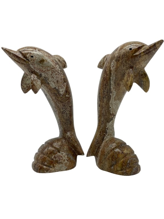 PAIR OF CARVED STONE DOLPHIN SCULPTURE BOOKENDS (1 of 10)