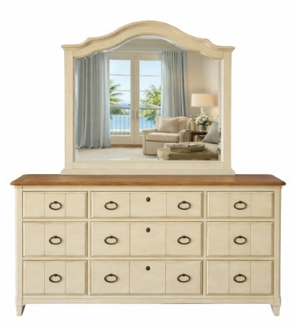 PANAMA JACK DRESSER WITH MIRROR: PANAMA JACK DRESSER WITH MIRROR -This Panama Jack dresser with coordinating mirror features relaxed coastal styling with a lightly distressed cream finish paired with a contrasting warm wood top, offe