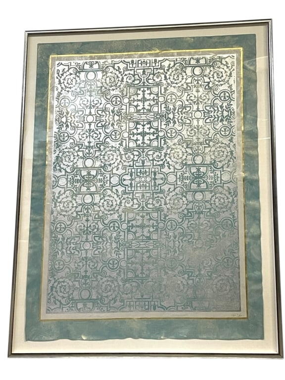 LARGE ORNAMENTAL ARCHITECTURAL PATTERN ARTWORK 61": FRAMED ORNAMENTAL ARCHITECTURAL PATTERN ARTWORK, LARGE SCALE -Decorative framed artwork featuring an intricate, repeating architectural and ornamental pattern reminiscent of classical tilework and his