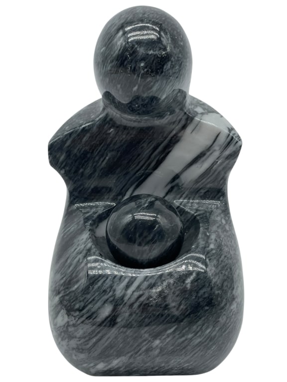 CARVED GRAY MARBLE FIGURAL SCULPTURE W SPHERE (1 of 5)