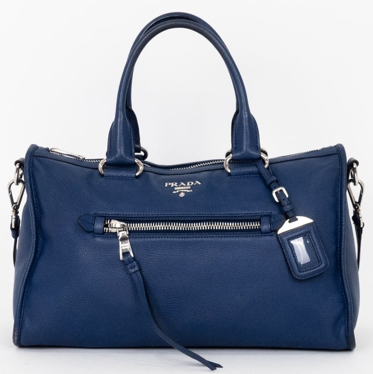 PRADA BAULETTO NAVY BLUE VITELLO DAINO TOTE: *For ALTERNATIVE SHIPPING QUOTES, please visit www.dejavuauctionshipping.com* Prada Bauletto Tote Navy Blue Vitello Daino Leather Silver * COLOR: Navy Blue * PRODUCTION CODE: 165 * INCLUDED: ""Strap,