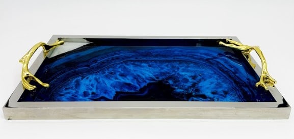 BLUE AGATE STYLE SERVING TRAY BRANCH HANDLES 17": *for competitive shipping options please go to www.dejavuauctionshipping.com --NEW!! BLUE AGATE STYLE SERVING TRAY WITH SILVER FRAME & GOLD BRANCH HANDLES 17" X 11" APPROX -Striking rectangular servin