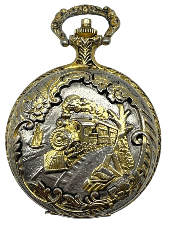 VINTAGE DAITA TRAIN THEME POCKET WATCH JAPAN: *for competitive shipping options please go to www.dejavuauctionshipping.com -VINTAGE DAITA TRAIN THEME POCKET WATCH JAPAN -Vintage Daita pocket watch featuring raised gold tone and silver tone relief
