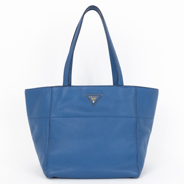 PRADA SHOPPING BLUE VITELLO DAINO LEATHER TOTE: *For ALTERNATIVE SHIPPING QUOTES, please visit www.dejavuauctionshipping.com* Prada Shopping Tote Blue Vitello Daino Leather Gold * COLOR: Blue * PRODUCTION CODE: 165 * INCLUDED: Dustbag, Authenticity
