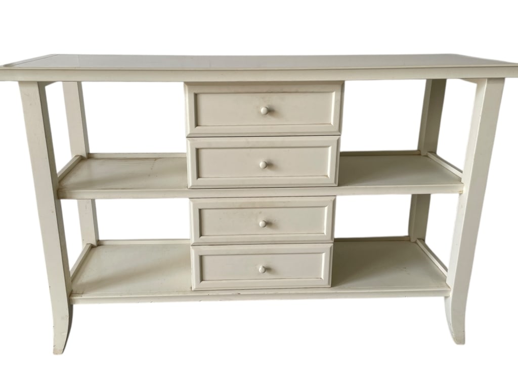 WHITE PAINTED CONSOLE TABLE W DRAWERS & SHELVES (1 of 6)