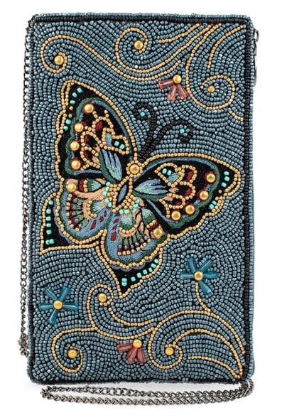 NEW MARY FRANCES MARIPOSA CROSSBODY HANDBAG: NEW MARY FRANCES MARIPOSA CROSSBODY HANDBAG -Embrace the beauty of nature with our enchanting crossbody phone bag, adorned with a captivating beaded/embroidered butterfly set against a serene blue bac
