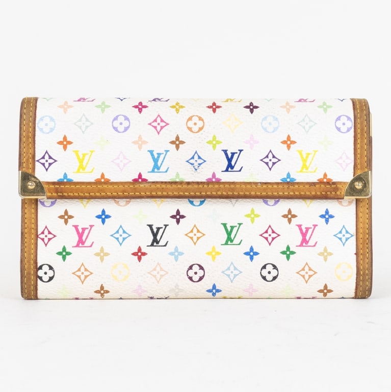 LOUIS VUITTON TAKASHI MURAKAMI MULTICOLORE WALLET: *For ALTERNATIVE SHIPPING QUOTES, please visit www.dejavuauctionshipping.com* Louis Vuitton Takashi Murakami Multicolore International Wallet White Multicolore Monogram Golden Brass * COLOR: White * P