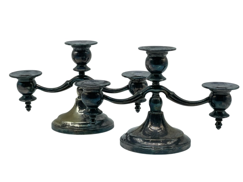 PAIR OF S.P. THREE LIGHT CANDELABRA: *for competitive shipping options please go to www.dejavuauctionshipping.com -PAIR OF SILVERPLATE THREE LIGHT CANDELABRA -Classic pair of silverplate three-light candelabra featuring a central candle