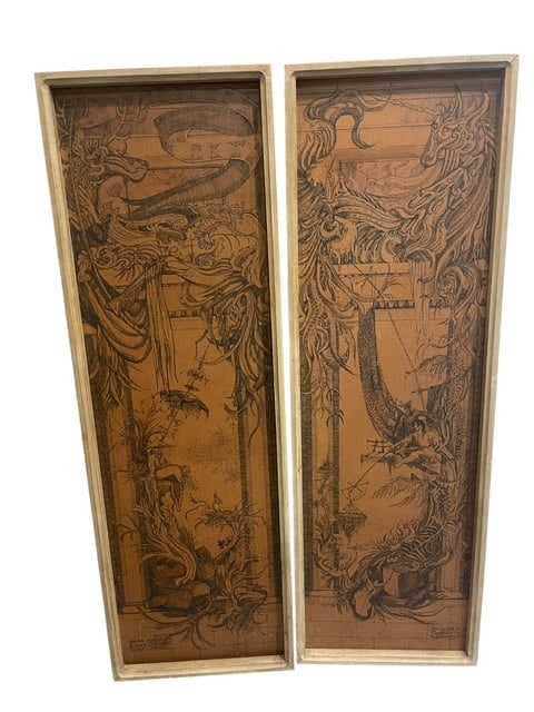 GOTHIC MYTHOLOGY PYROGRAPH FRAMED WOOD PANELS X 2 (1 of 11)