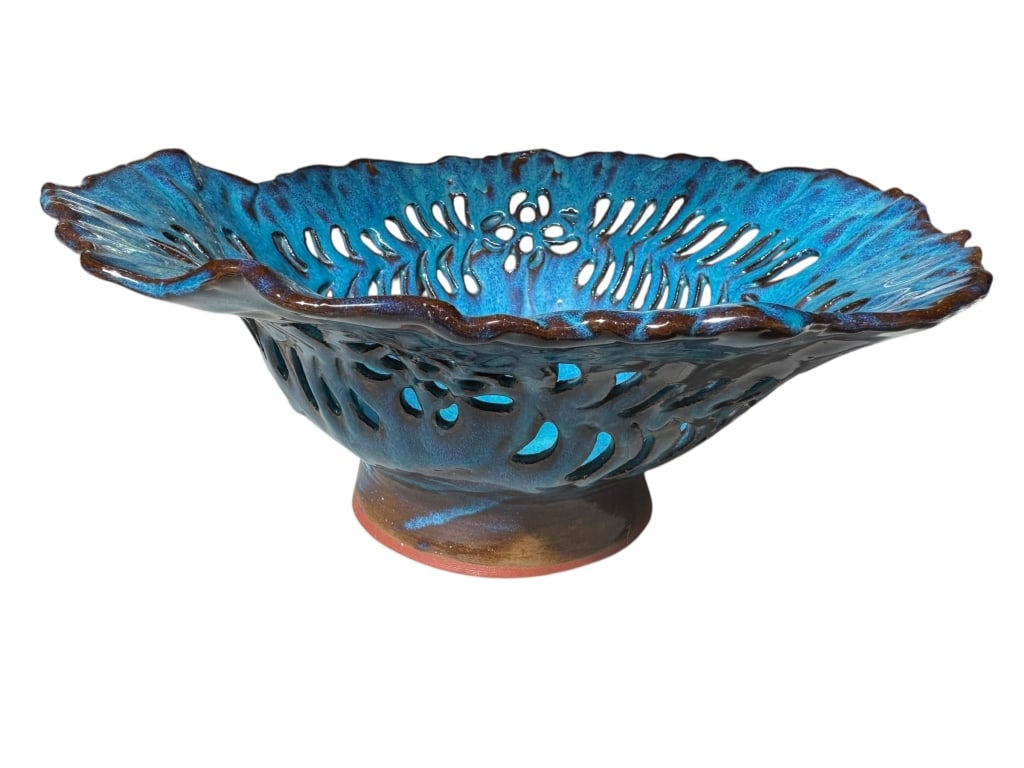PIERCED BLUE GLAZED STUDIO POTTERY CENTER BOWL (1 of 5)