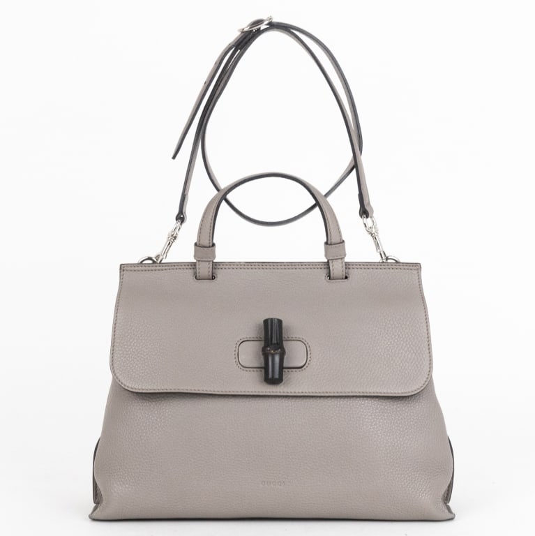 GUCCI MEDIUM BAMBOO DAILY TOP HANDLE GREY BAG: *For ALTERNATIVE SHIPPING QUOTES, please visit www.dejavuauctionshipping.com* Gucci Medium Bamboo Daily Top Handle Grey Calfskin Grained Leather Silver * COLOR: Grey * PRODUCTION CODE: 392013-001998 *