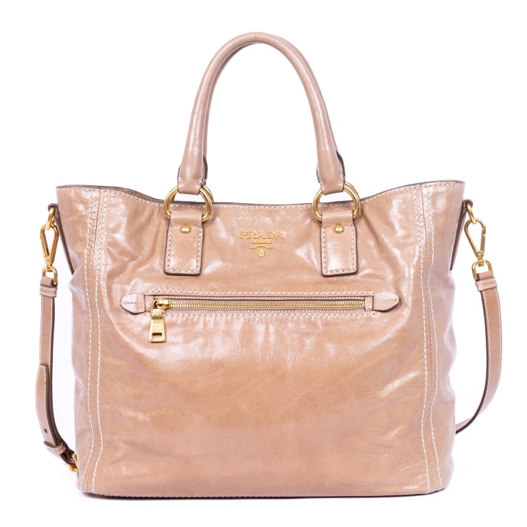 PRADA PINK AGED CALFSKIN CROSSBODY SHOPPING TOTE: *For ALTERNATIVE SHIPPING QUOTES, please visit www.dejavuauctionshipping.com* Prada Crossbody Shopping Tote Pink Aged Calfskin Leather Gold * COLOR: Pink * PRODUCTION CODE: 173 * INCLUDED: Dustbag, St