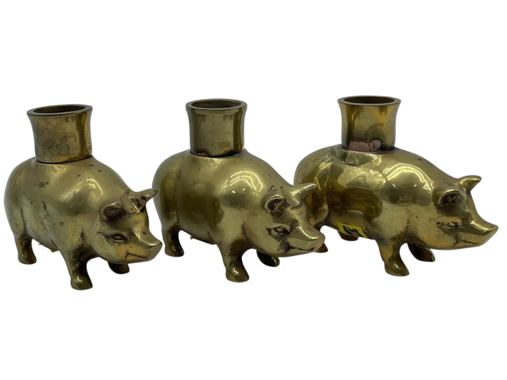 SET OF THREE BRASS PIG CANDLESTICKS (1 of 6)