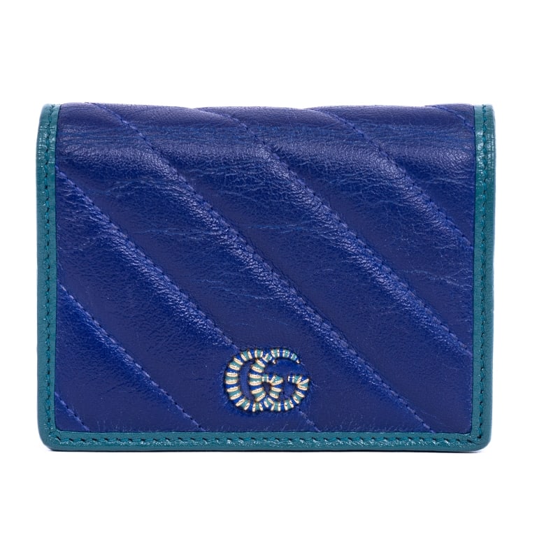 GUCCI MARMONT CARD CASE BIFOLD BLUE/GREEN CALFSK: *For ALTERNATIVE SHIPPING QUOTES, please visit www.dejavuauctionshipping.com* Gucci Marmont Card Case Bifold Blue/Green Calfskin Quilted Leather Gold * COLOR: Blue/Green * PRODUCTION CODE: 573811-2867