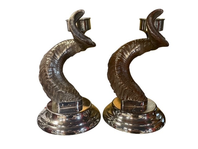 1960'S FAUX RAM HORN BASED CANDLEHOLDERS ON CHROME (1 of 6)