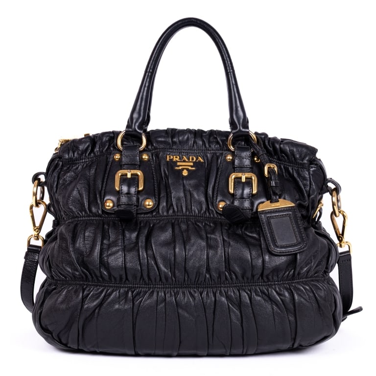 PRADA CABAS CROSSBODY BLACK NAPPA GAUFRE LEATHER: *For ALTERNATIVE SHIPPING QUOTES, please visit www.dejavuauctionshipping.com* Prada Cabas Crossbody Black Nappa Gaufre Leather Gold * COLOR: Black * PRODUCTION CODE: BN1789 / 31/34 * INCLUDED: Strap,