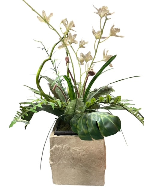 ARTIFICIAL CYMBIDIUM ORCHID PLANT IN STONE PLANTER (1 of 8)