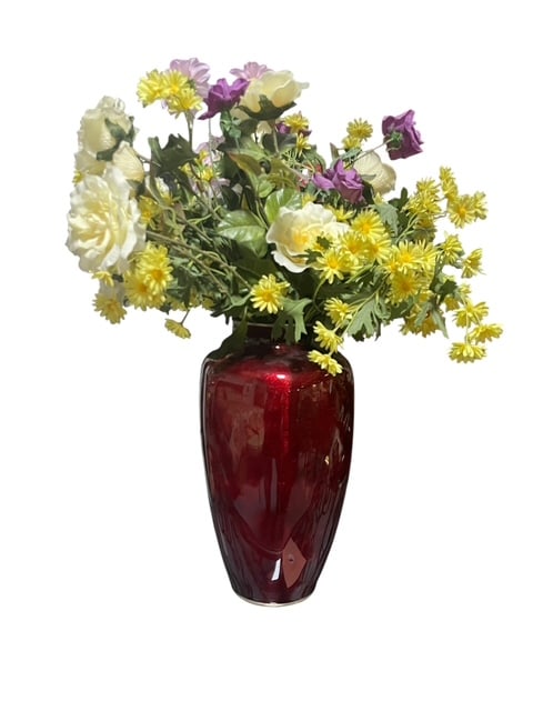 FAUX CARNATIONS MUMS ROSES IN TALL DEEP RED VASE: *For ALTERNATIVE SHIPPING QUOTES or local PICKUP details, please visit www.dejavuauctionshipping.com* Artificial flowers are gorgeous, but keep them dust free so nobody knows! These are nestled in a g