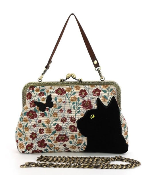FLORAL BLACK CAT KISSLOCK HANDBAG: NEW! BEES KISSLOCK HANDBAG FLORAL BLACK CAT KISSLOCK HANDBAG -High quality canvas material and uniquely embroidered designed, Kiss lock closure, fabric lined interior, 1zippered inside pocket, 1 regul