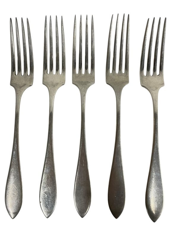 5 PORTER BLANCHARD STERLING SILVER DIN FORKS 290G: *for competitive shipping options please go to www.dejavuauctionshipping.com -PORTER BLANCHARD “POINTED” PATTERN STERLING SILVER DINNER FORKS – PBS5 – 290G -Set of five Porter Blanchard st