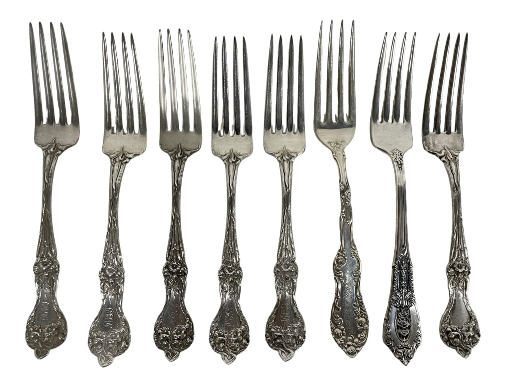 GODINGER STYLE STERLING SILVER FORK SET 340 G: *for competitive shipping options please go to www.dejavuauctionshipping.com -ASSORTED STERLING SILVER ORNATE DINNER FORKS – GODINGER STYLE – 340G / MONOGRAM -Decorative set of assorted sterling s