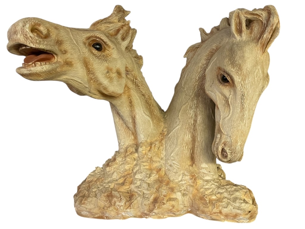 ARTIST SIGNED 2 WILD HORSE HEADS SCULPTURE 24": *For ALTERNATIVE SHIPPING QUOTES or local PICKUP details, please visit www.dejavuauctionshipping.com* LARGE DOUBLE HORSE HEAD SCULPTURE, FAUX WOOD FINISH (COMPOSITE MATERIAL) SIGNED "MIGUEL" BY ARTIST
