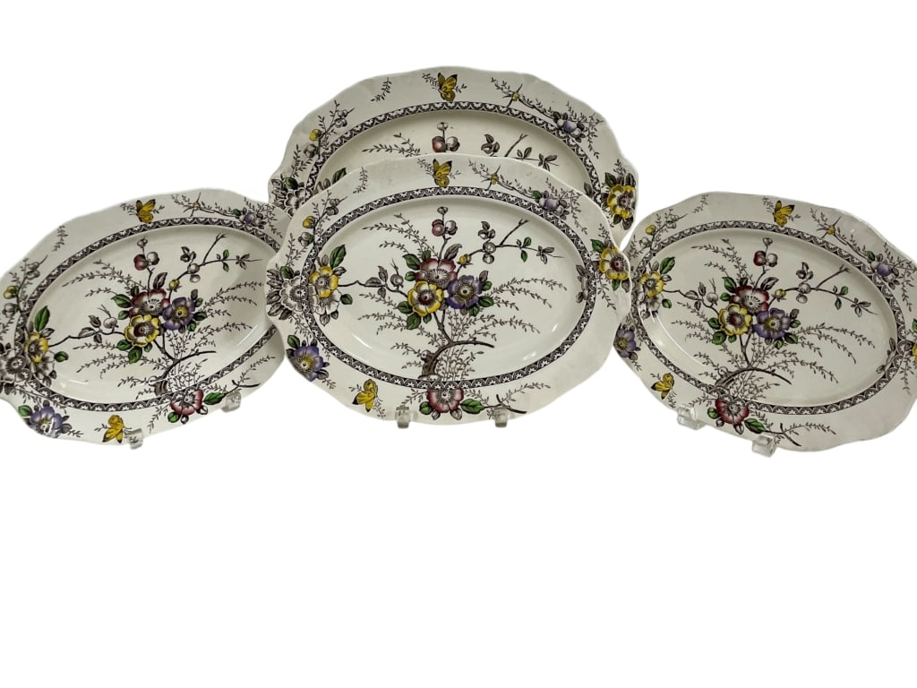 4 ALFRED MEAKIN FLORAL TRANSFERWARE OVAL PLATTERS: *for competitive shipping options please go to www.dejavuauctionshipping.com -ALFRED MEAKIN FLORAL TRANSFERWARE OVAL PLATTER SET – 16", 14" & TWO 12" -Elegant set of four English transferware oval s