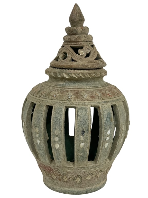 DECORATIVE TERRACOTTA PIERCED LANTERN URN 15": DECORATIVE TERRACOTTA PIERCED LANTERN URN WITH FINIAL TOP 15" X 7" D APPROX -Architectural terracotta lantern-form urn featuring hand-carved pierced panels, scrolling openwork, and a pointed finial to