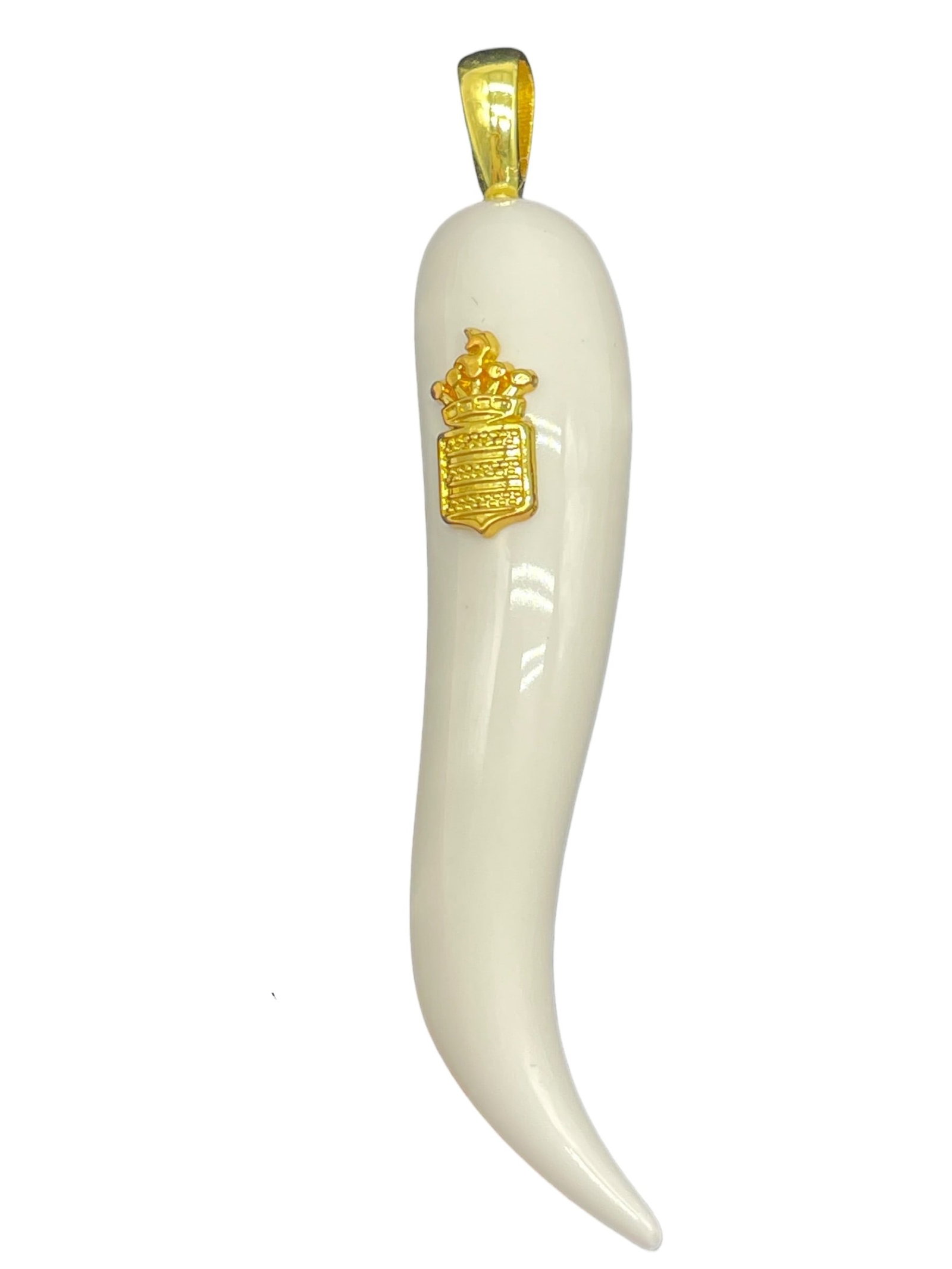 DE GRISOGONO GENEVE WHITE LUCKY HORN PENDANT: *for competitive shipping options please go to www.dejavuauctionshipping.com -DE GRISOGONO GENEVE WHITE LUCKY HORN PENDANT WITH GOLD TONE BALE -Elegant and symbolic lucky horn pendant by de Grisogono